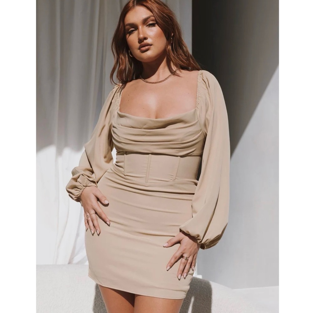 Princess Polly Lillie Long Sleeve Mini Dress Size 8 Beige Corset Ballon Sleeve